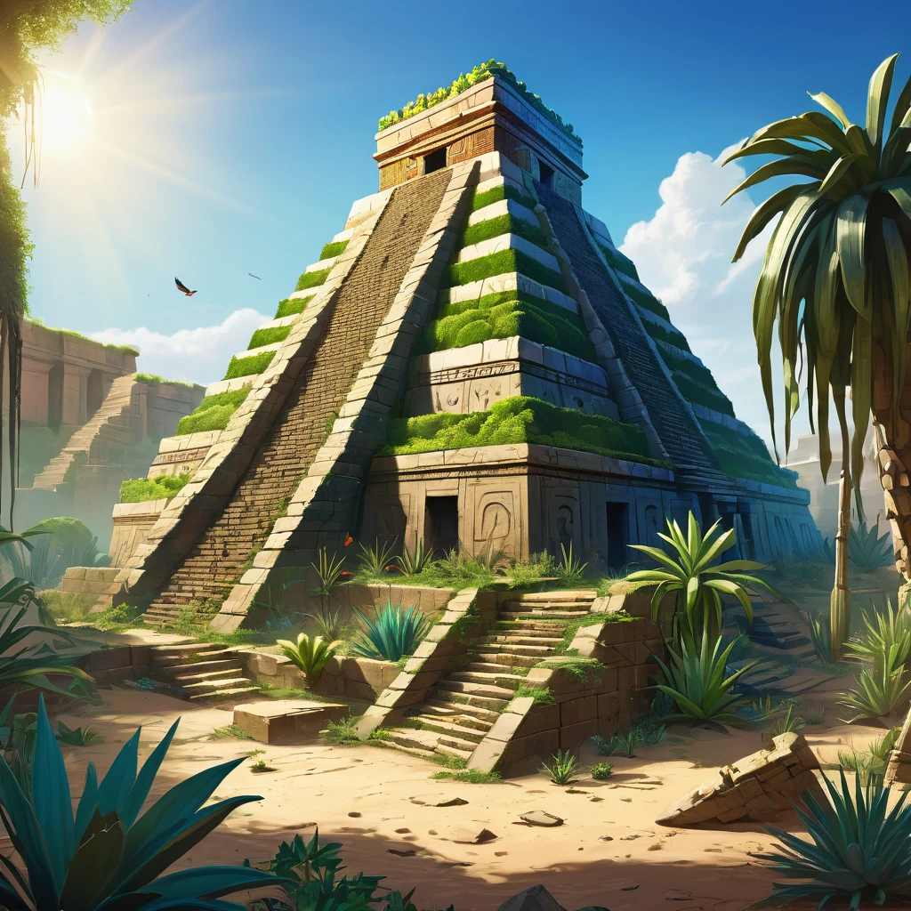 An ancient, fictional ruin that combines elements of both Aztec and Mesopotamian civilizations, set in a lush jungle meeting an arid desert landscape. A grand stone pyramid with stepped sides, resembling an Aztec temple, partially overgrown with vibrant green vegetation, and a towering ziggurat-like structure made of sun-baked bricks with intricate bas-reliefs of Aztec and Mesopotamian mythology. Crumbling walls, remnants of ancient buildings, overgrown jungle vines, half-buried in sand, weathered stone statues of gods, partially covered in moss and sand. A gradient sky from bright blue with fluffy white clouds to deep blue with a blazing sun, casting shadows across the ruins. Exotic birds like toucans or parrots, desert plants like cacti and dry shrubs, ancient pottery shards, and partially exposed artifacts. "Using natural light, a high-resolution image with realistic textures and detailed depiction of skin texture, set against a real cityscape background."