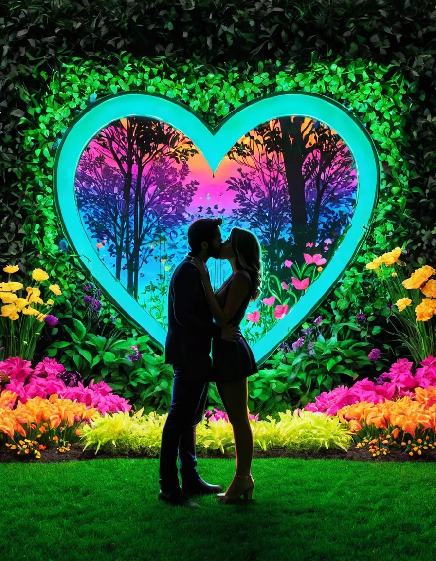A vibrant neon art piece featuring the silhouette of a couple kissing in a garden with neon heart shapes and flowers in the background, creating a romantic and natural setting.
