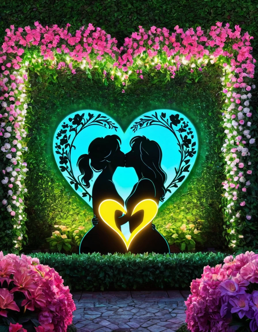 A vibrant neon art piece featuring the silhouette of a couple kissing in a garden with neon heart shapes and flowers in the background, creating a romantic and natural setting.