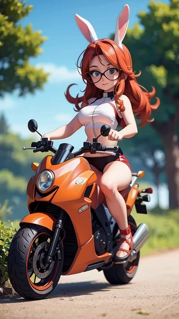 A girl in a rabbit costume riding a big bike with no legs、Being stopped by the authorities、motorcycle、whole body、From below