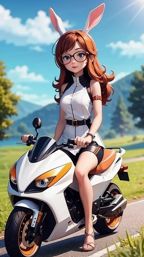 A girl in a rabbit costume riding a big bike with no legs、Being stopped by the authorities、motorcycle、whole body、From below