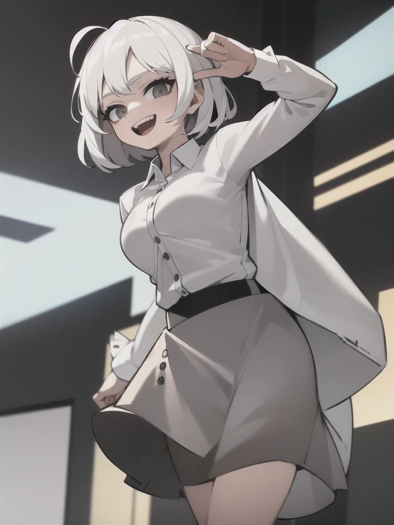 ((masterpiece, best quality)), (1girl), (solo), (female focus), (ahoge, white hair, short hair), black eyes, light smile, open mouth, ((white shirt), (buttoned shirt), (button gap)), ((black skirt), (short skirt)), standing, white background, arms behind back, dynamic angle
