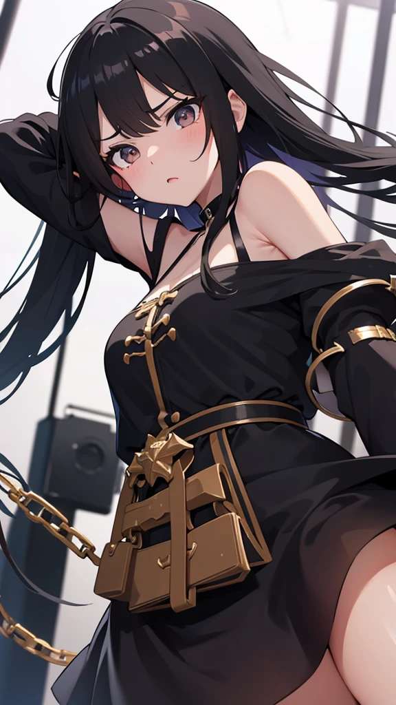 masterpiece, ultra high quality CG, best quality, perfect picture, solo, Velvet Crowe (yellow eyes, white skin, messy black hair too long, choker, small breasts, lipstick, makeup, eyeliner) using mistress corset with pantyhouse, holding a chain, on a basement, night, intimidating, looking at viewer