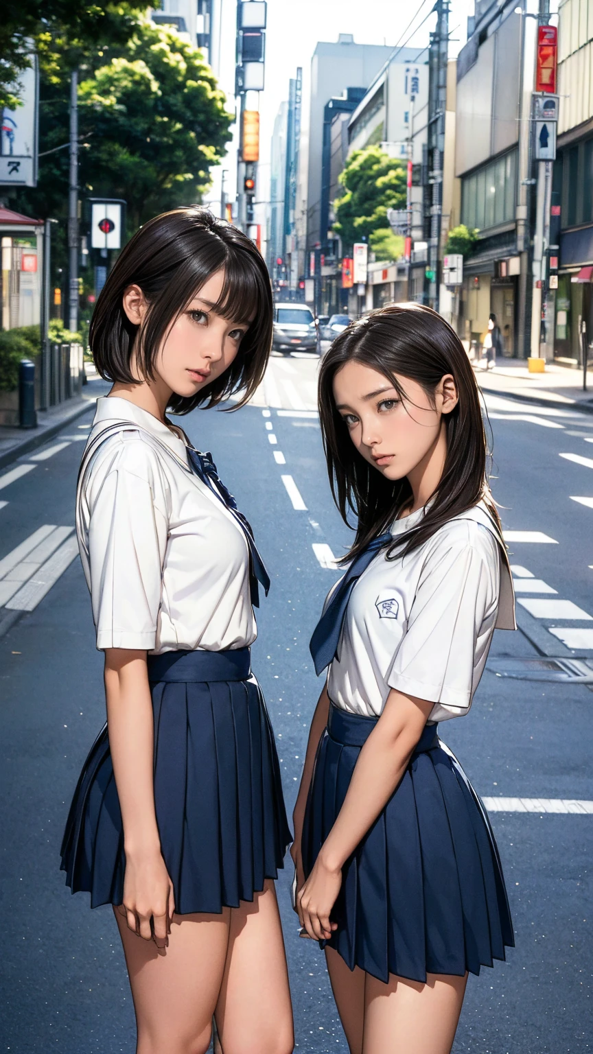 ((Highest quality)), ((masterpiece)), (Detailed boobs),(Very slim:1.7), (Perfect Face:1.8), (Perfect Eyes), (Very detailed), (Perfect detail) ,Very detailedな顔と肌の質感, (Perfect body), (Perfect Face), (((Two girls side by side:1.5))), Very detailedな目, (Junior High School Uniform), White shirt with front opening, Ultra short thigh-length dark blue pleated skirt, tie, Beautiful breasts, (Medium milk:1.5),Very slim legs, short hair, (On a street corner in Tokyo, Outdoor), (Cowboy Shot), (No makeup:1.2)、(No makeup:1.5)、(Very thin thighs)、 (13-year-old girl:1.2)、Big eyes, ((Browsing Caution:1.0))