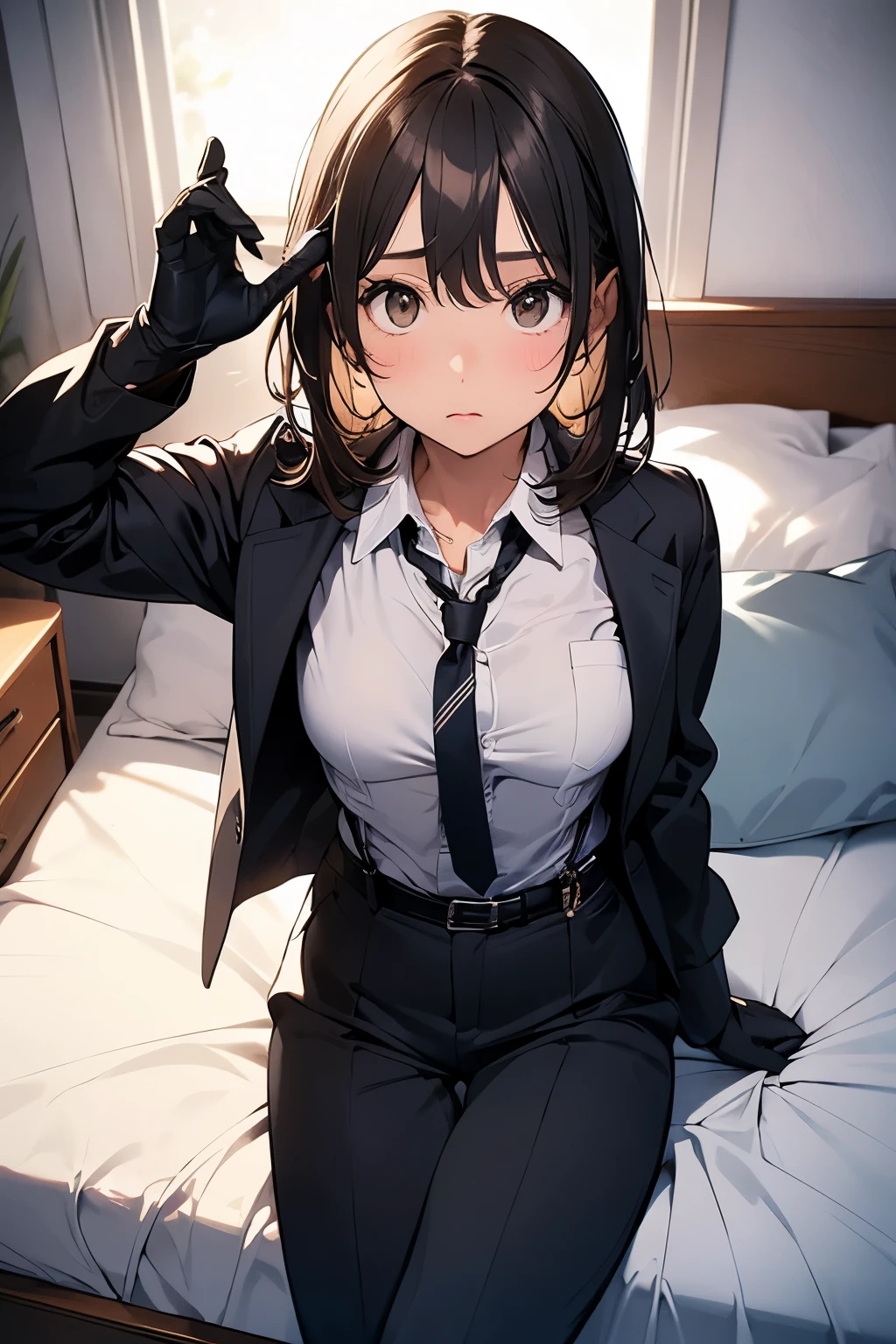 suspenders Moderate breasts Small face holster Beautiful woman Lying in bed Looking up Sweat belt summer 脇Sweat Black Hole Gloves suit shirt Black jacket Black trousers Leg Links ズボンにbelt