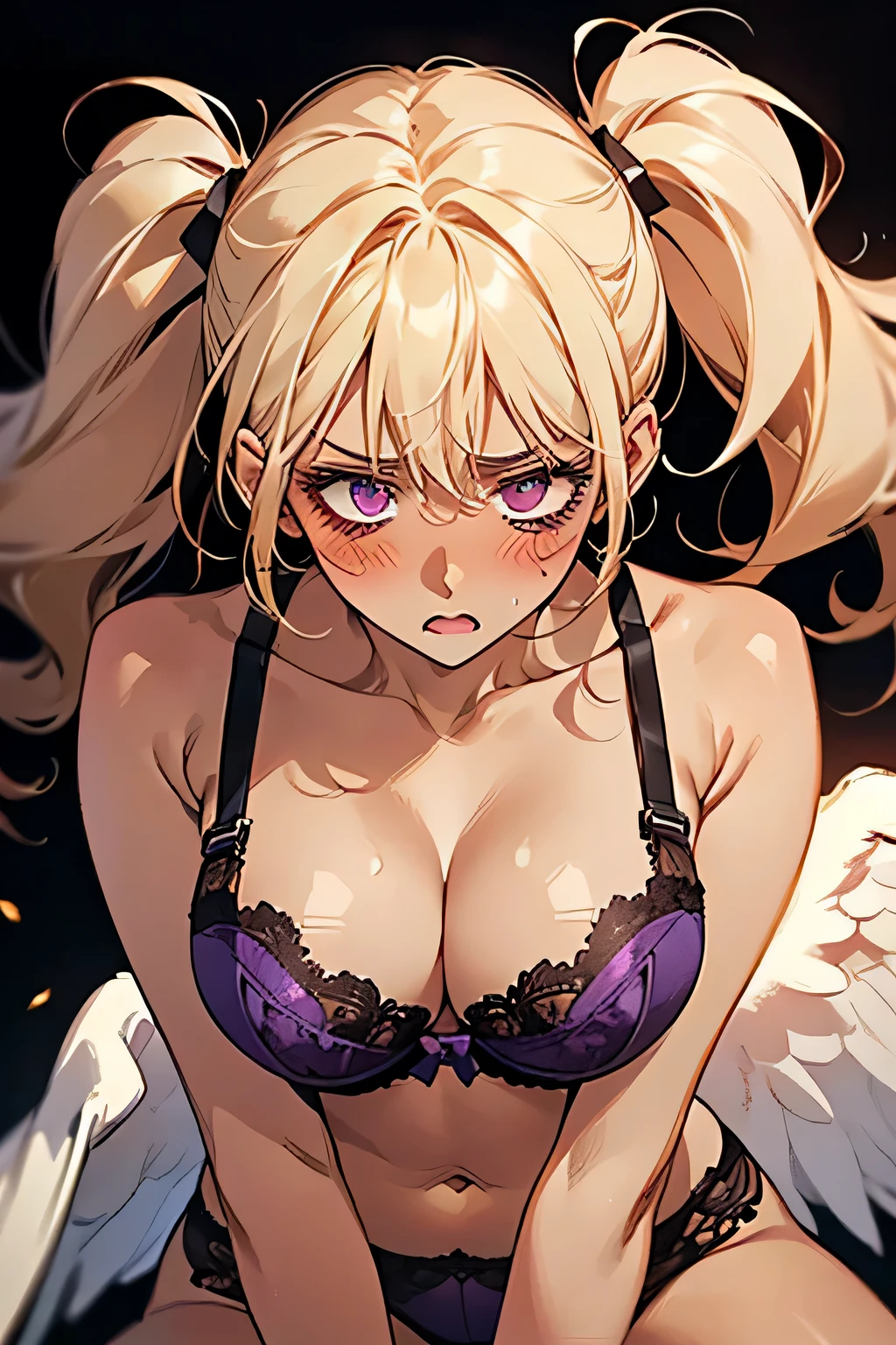 Twin tails,((blonde)),((anger:1.2)),((Embarrassing:1.1)),((Blush 1.5)),Purple eyes,Large Breasts,Dark purple bra,((Brown Skin:1.5)),Angel Wings,face down. Background is indoor,night.
