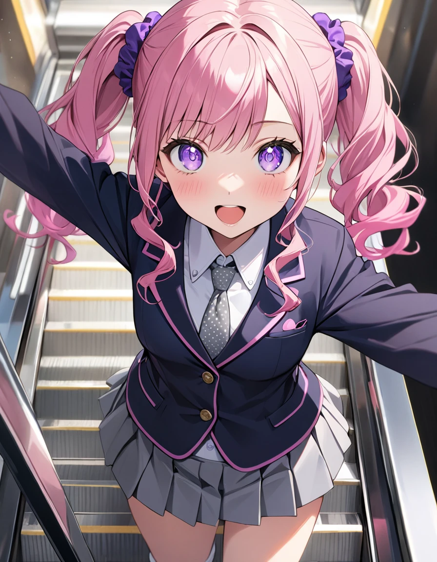 (8K, best quality, master piece: 1.2), super high resolution,1 girl,16yo,solo,1ultra-detailed face,detailed eyes,sparkling pupils,Mascara,Bubblegum Pink hair,natural wave hair,twintails,amethyst Eyes,(scrunchie,,blazer,Short pleated skirt),(gray:1.5),navel,polka-dot pattern Ribbon tie,((white loose socks)),happy,open mouth,medium breasts,(double peace),リムライト,standing on a down escalator,Look at Viewer,デパート