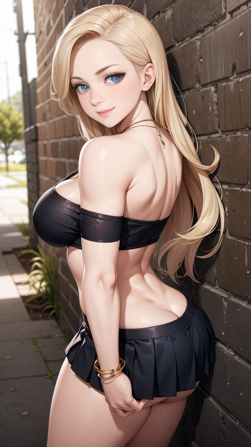 A confident grin lights up the face of a 24-year-old Caucasian woman with long, blonde hair that cascades down her back in loose curls. Her toned figure is accentuated by a one-shoulder top and a low-rise pleated skirt. A necklace and bracelets adorn her wrist. Leaning against a weathered wall in a hidden alleyway, she glances sideways, her blue eyes sparkling with curiosity.
