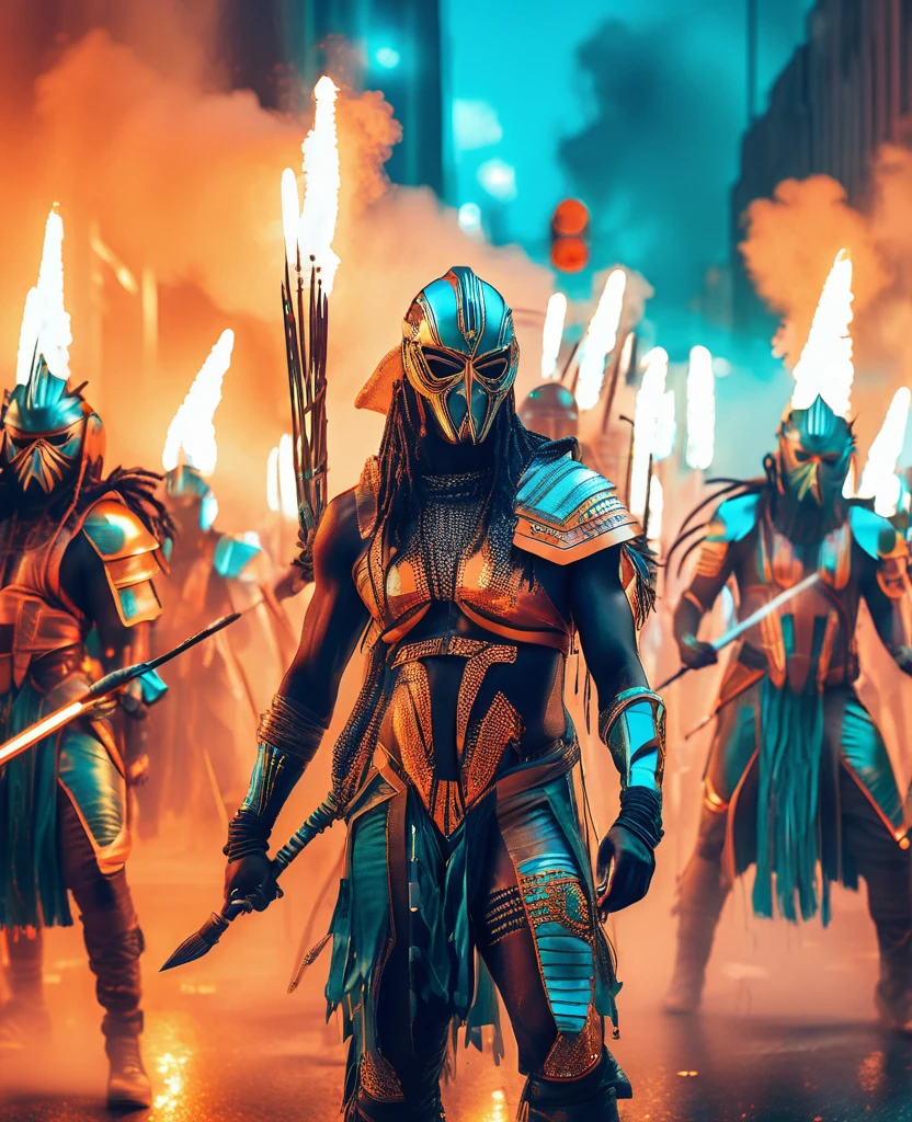 an army of African warriors wearing masks and african designed costumes, holding futuristic glowing spears, fighting police in an orange tear gas smoke covered dystopian city, revolutionary art concept, light shining from the futuristic glowing spears providing an orange teal cinematic colour grading, 32k, ultra HD