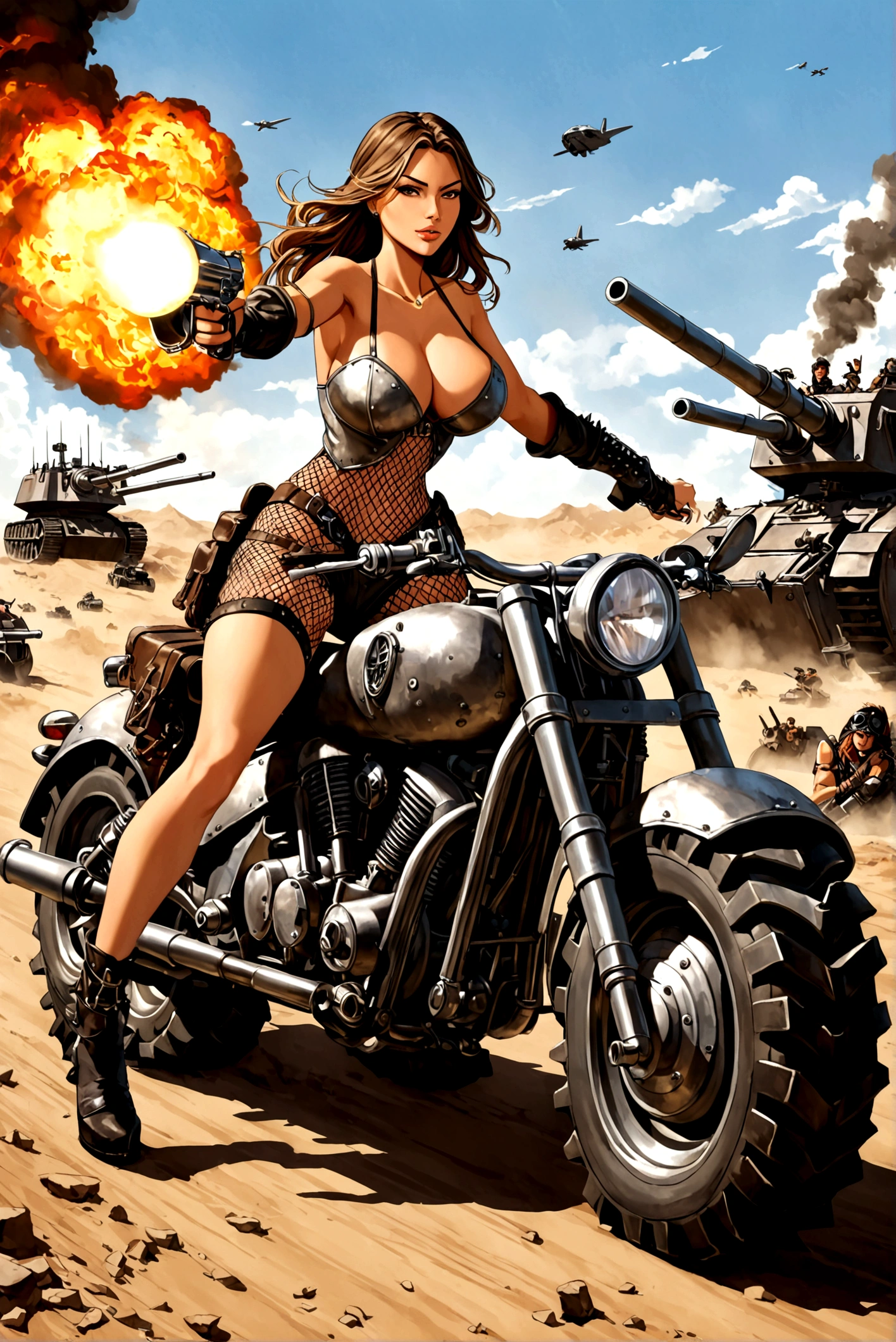 (Setting Holocaust Badlands (road warrior theme)) A bandit woman (Sofia Vergara, 25, scrap metal armor, sexy torn fishnet body stocking, tattoos) is riding a wasteland tank motorcycle (the front wheel is broad made of steel and has several spikes, big engine, smoke and fire exhaust, bone trim over metal frame, spikes, the rear wheel is an enormous tank tread, A cannon turret rises behind the driver, the handle bars have metal shielding to protect the driver from enemy bullets, many spotlights adorn the bike), Sofia is driving and pointing the cannon at the viewer (the vehicle she is chasing), cinematic quality, HD, action, adventure