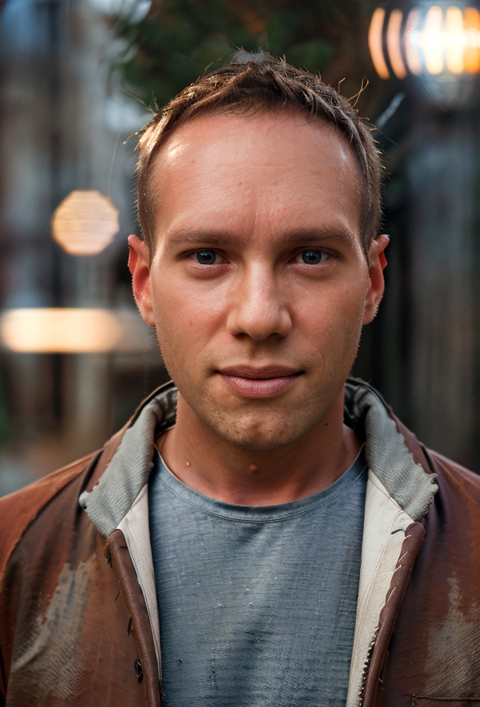 Portrait photo of a handsome male full body photo, perfect eyes, wearing a shabby mecha coat, ((light bokeh)), intricate, (steel metal [rust]), elegant, sharp focus, photo by Greg Rutkovsky, soft lighting, bright colors, masterpiece, (street)), detailed realistic face, close-up of the face, Todder8, Todder5