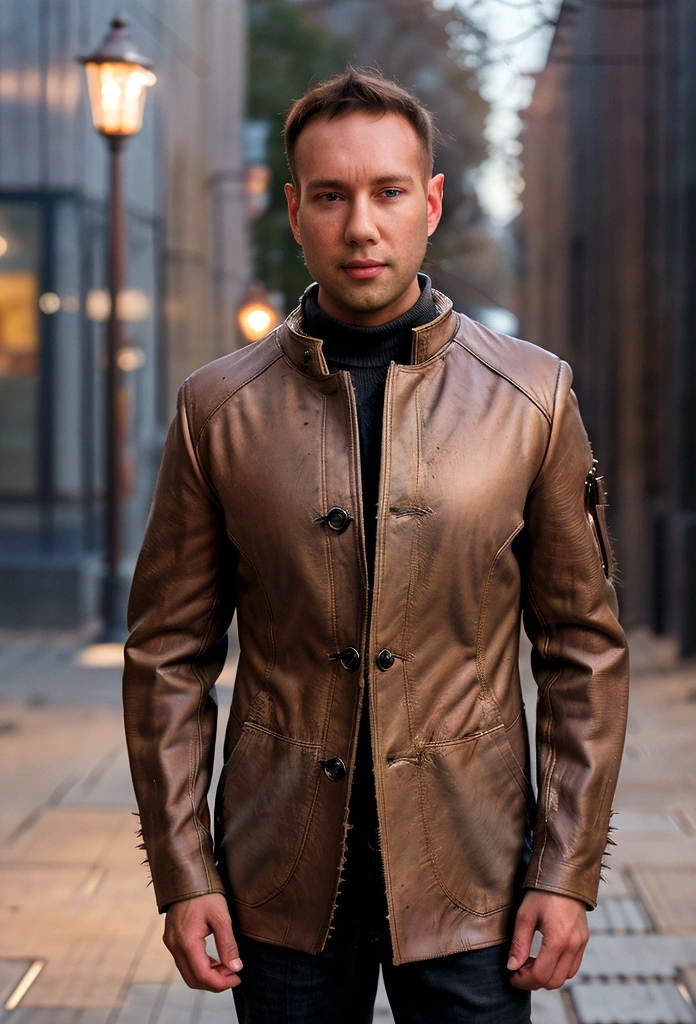 Portrait photo of a handsome male full body photo, perfect eyes, wearing a shabby mecha coat, ((light bokeh)), intricate, (steel metal [rust]), elegant, sharp focus, photo by Greg Rutkovsky, soft lighting, bright colors, masterpiece, (street)), detailed realistic face, close-up of the face, Todder8, Todder5