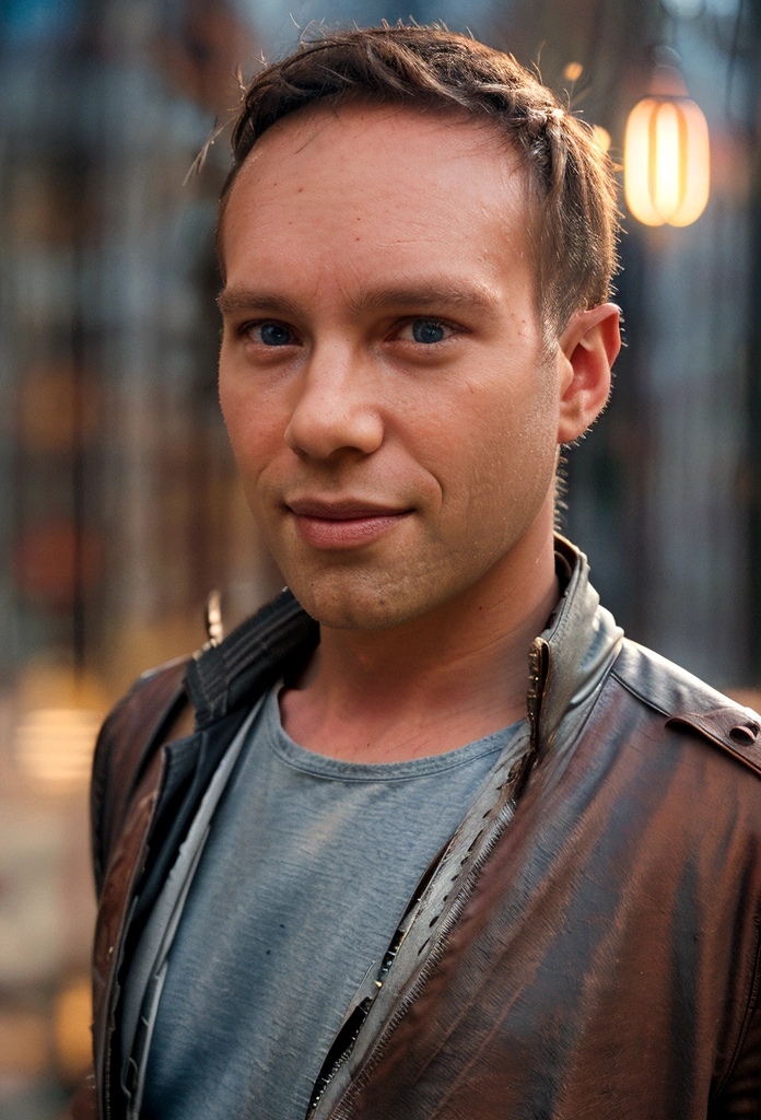 Portrait photo of a handsome male full body photo, perfect eyes, wearing a shabby mecha coat, ((light bokeh)), intricate, (steel metal [rust]), elegant, sharp focus, photo by Greg Rutkovsky, soft lighting, bright colors, masterpiece, (street)), detailed realistic face, close-up of the face, Todder8, Todder5