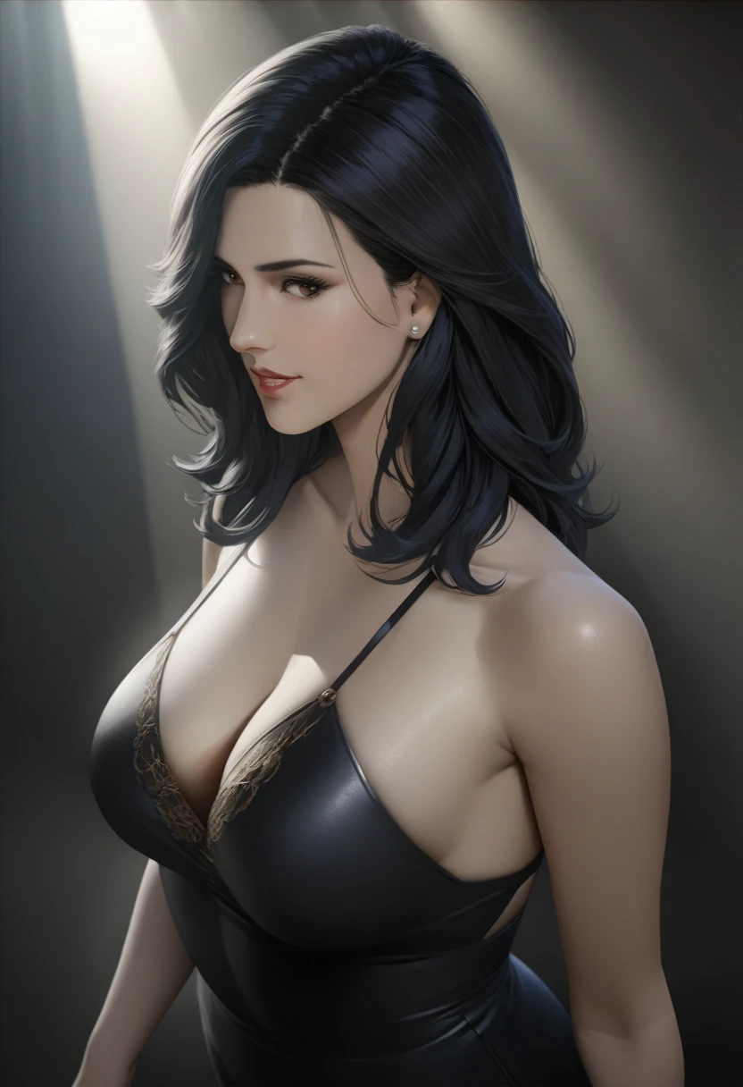 A woman with a mysterious smile, skin glistening with oil, wearing a long, flowing, black dress, hair cascading down her back, dark, moody lighting, beautiful detailed eyes, beautiful detailed lips, extremely detailed eyes and face, long eyelashes, (best quality, 4k, 8k, highres, masterpiece:1.2), ultra-detailed, (realistic, photorealistic, photo-realistic:1.37), moody lighting, professional, sharp focus