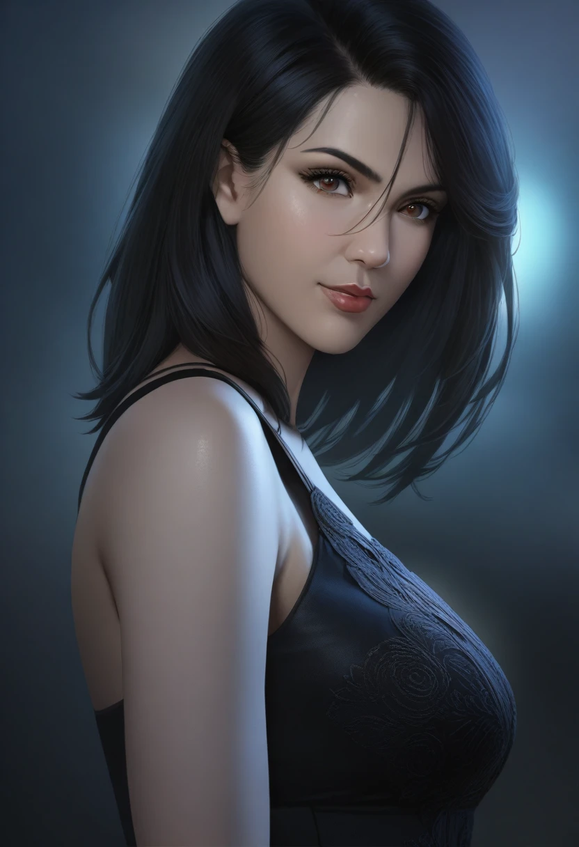 A woman with a mysterious smile, skin glistening with oil, wearing a long, flowing, black dress, hair cascading down her back, dark, moody lighting, beautiful detailed eyes, beautiful detailed lips, extremely detailed eyes and face, long eyelashes, (best quality, 4k, 8k, highres, masterpiece:1.2), ultra-detailed, (realistic, photorealistic, photo-realistic:1.37), moody lighting, professional, sharp focus