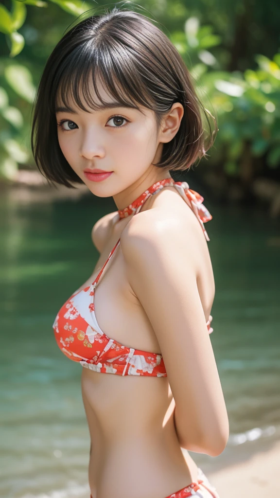 ((Highest quality)),((8K)),(Genuine)、(detailed)、(Beach)、(Bust up shot)、繊細でdetailedな鮮やかな美しい色の衣裳:1.4、Frilled bikini、Glossy short bob、Glowing Skin、Japanese、beauty、Looking into the camera、Duck mouth、cute、Hehehe:1.2、Shot with a film camera、RAW shooting、#24、Genuine、フォトGenuine:1.4、Photon Mapping、Physically Based Rendering、Perfect Anatomy、detailedな目、detailedな二重、detailedな咬筋、detailedな鎖骨、Perfect Fingers、Finger Description、(品質 8K)、((White skin))、Avoid mascara、Hair with movement、detailedな毛穴、Natural light、detailedな描写、Blushing、Fine pores、Perfect cleavage、masterpiece、Blushing、Hair with movement、detailedな腹筋、Sparkling、Cowboy Pose、sexy、detailedな脇の下、(Big Breasts)、Face close-up 、(Upper Body)、detailedな目元、