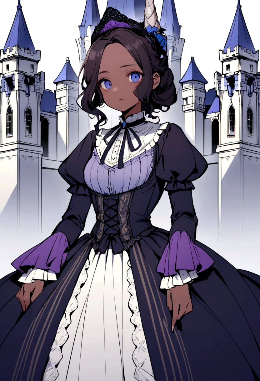 a dark-haired woman with details of blue highlights, long, in front of a castle, with a unicorn horn and wearing a Victorian era dress with purple and black details