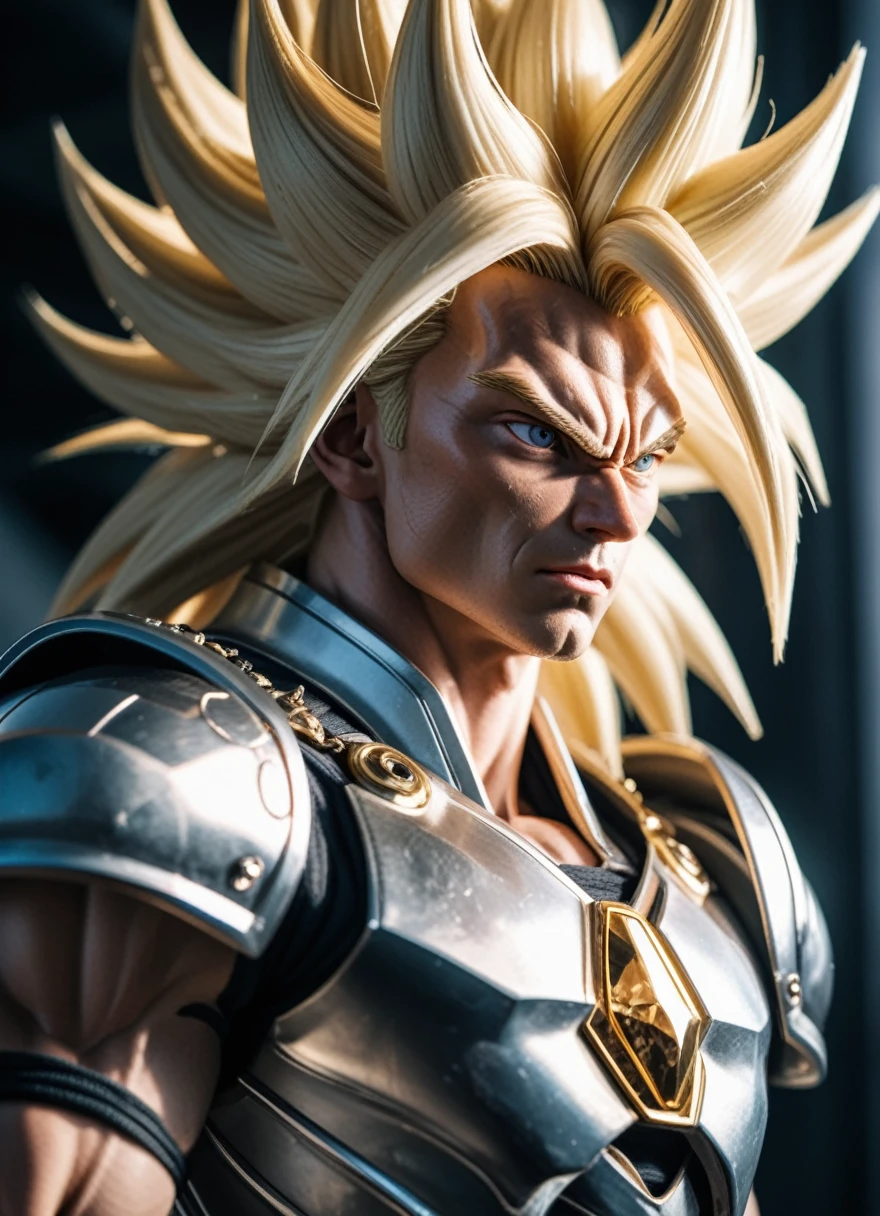 realistic 8K raw photography, (Langes blondes Super-Saiyajin-3-Haar, Man in diamond armor:1.3), Intricate detailing, (reflective surfaces:1.2), Steel decorations, (Super-Saiyajin-Wutaura:1.4), screaming, give vent to his anger, Looking into the sky, Posture when lifting weights, dramatic shadows, (Light cascade:1.2), (Full body view:1.3), Taken with a Sony Alpha a7R IV, 50mm f/1.8 lens, High-resolution clarity, Raw intensity, detailed textures, stunning Planet Namek background