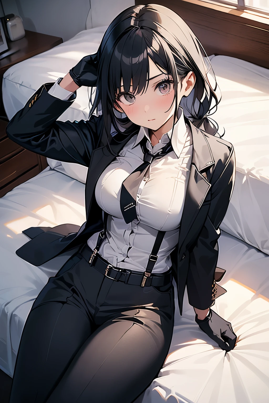 suspenders　　　Moderate breasts　 　 　　　　Small face　 　　　holster　　　Beautiful woman　　　　 Lying in bed　Looking up　　　　Sweat 　　　belt　summer　脇Sweat 　Black Hole Gloves　suit　shirt　　Black jacket　 Black trousers　Leg Links　ズボンにbelt