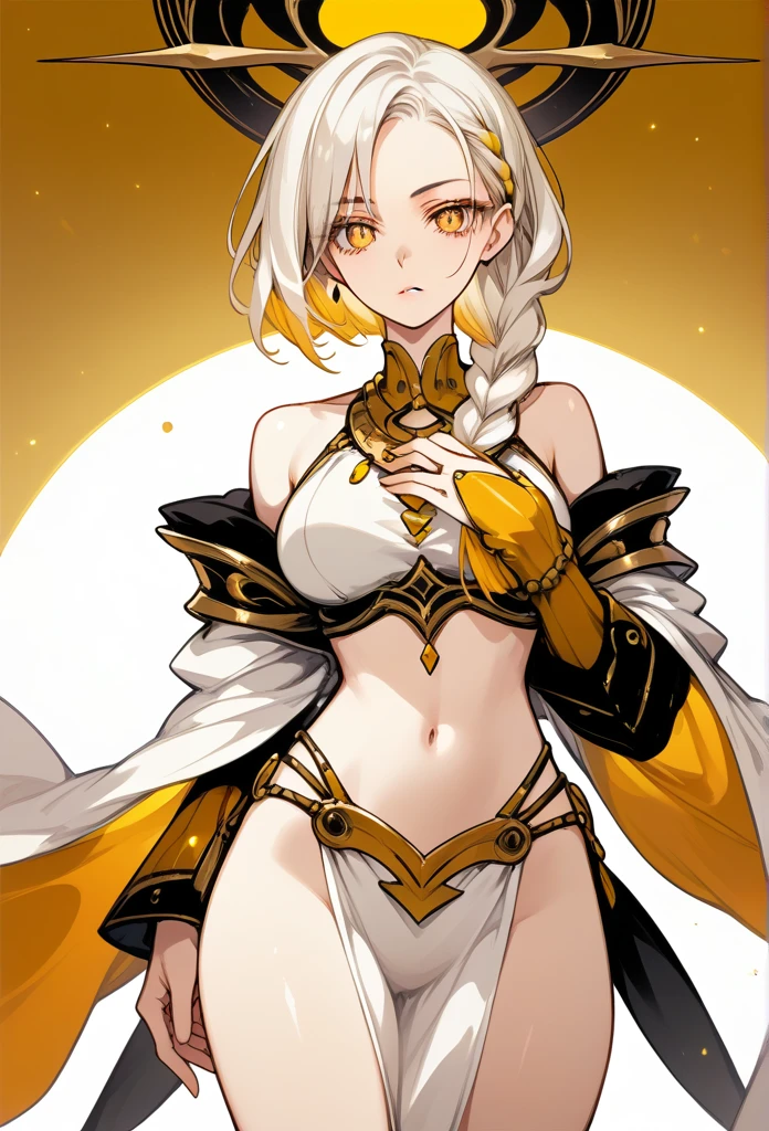 Mature woman, mature face, gentle face, glossy lips, golden eye color, golden eyes, gentle eyes, (braid hairstyle, bob hair, white hair, yellow gradient hair color, glossy hair), slender body, thick thighs, saintess clothes, white clothes, white loincloth, ass up head down, front view