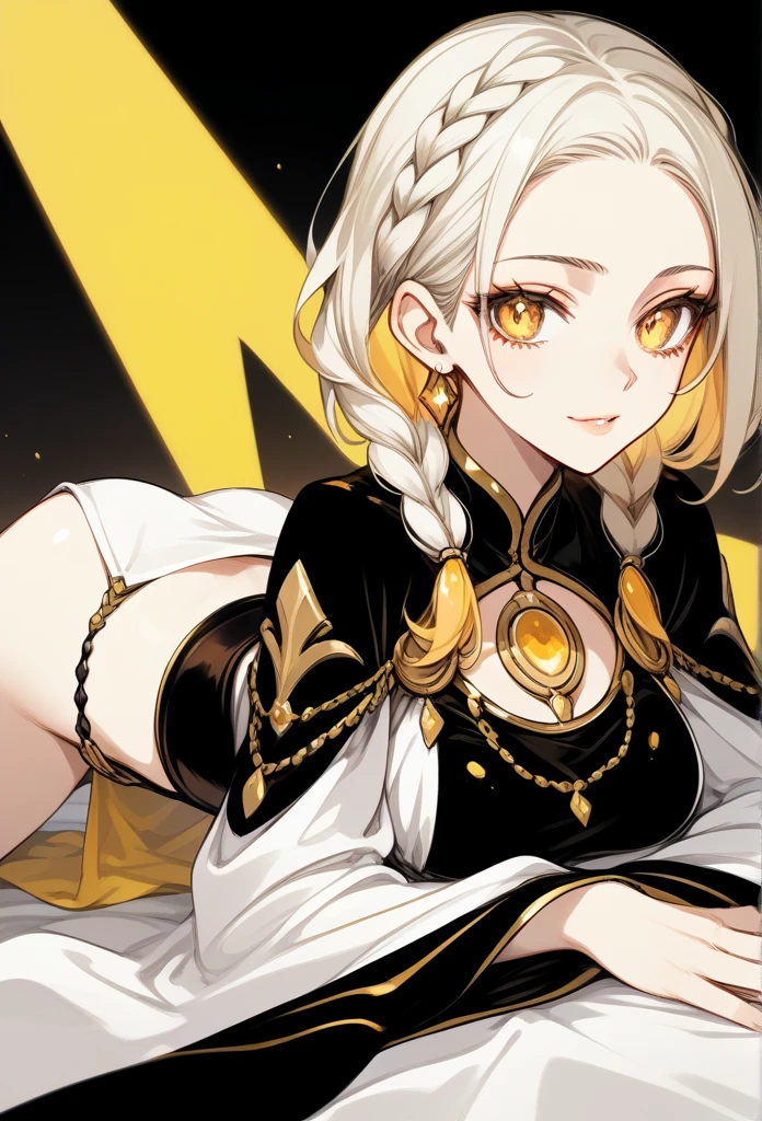 Mature woman, mature face, gentle face, glossy lips, golden eye color, golden eyes, gentle eyes, (braid hairstyle, bob hair, white hair, yellow gradient hair color, glossy hair), slender body, thick thighs, saintess clothes, white clothes, white loincloth, ass up head down, front view