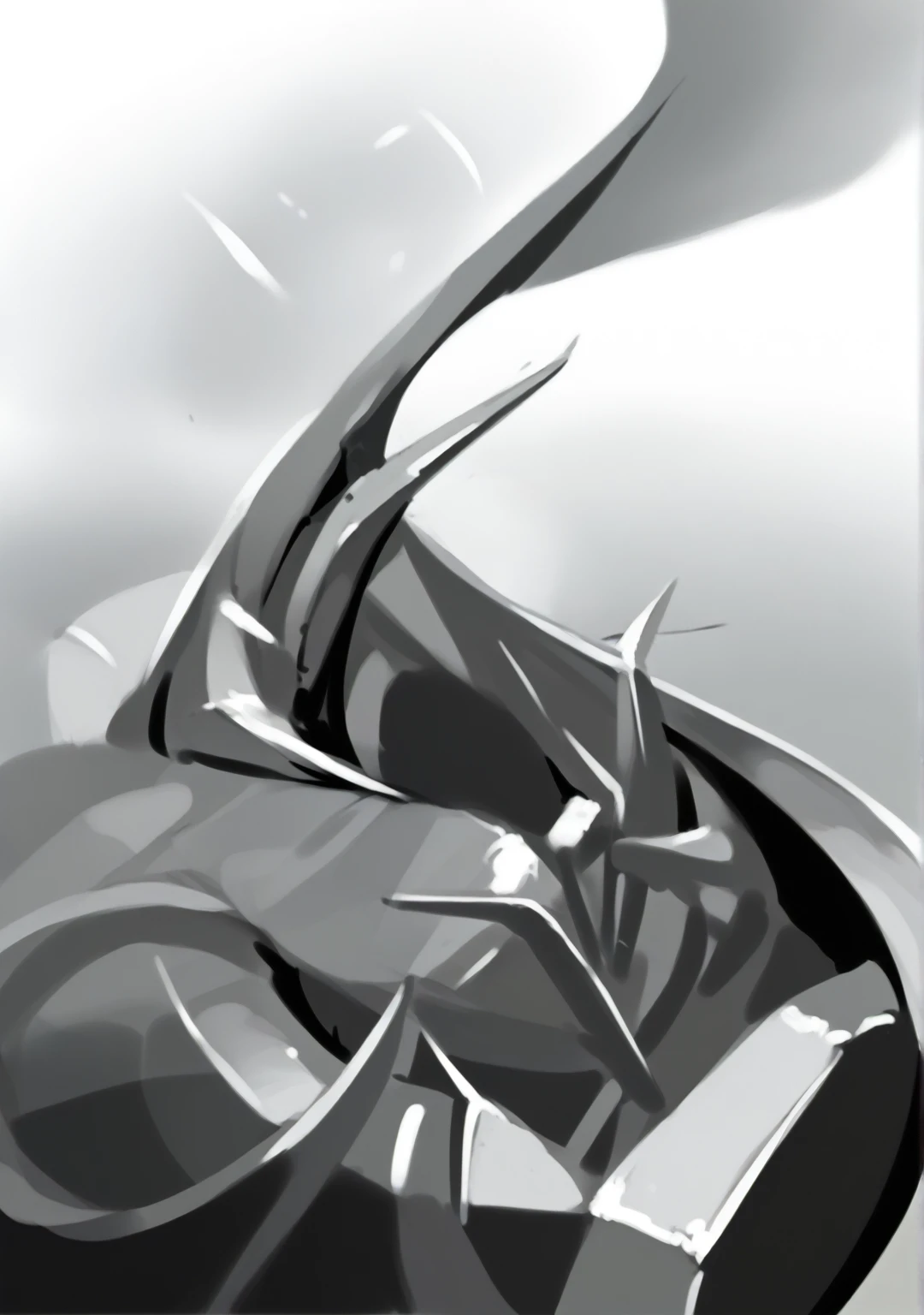 Transform this drawing by applying an extremely realistic chrome effect. Retain all the original shapes and details of the drawing. The chrome should realistically reflect lights and shadows, highlighting the bright and reflective metallic texture. Preserve the sharpness and contour of the drawing while adding the shine and depth of chrome metal." Light and shadow, contrast