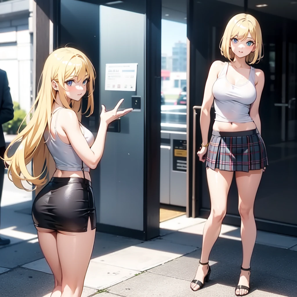 blonde woman, white tank top, plaid miniskirt, posing. standing.
