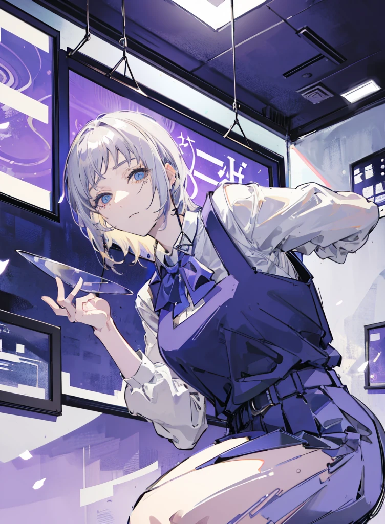Anime girl1, long. Grey hair, blue eyes, (hair blows to the left side perfect long bangs) Wearing a bright blonde vest, wearing a blonde hoodie vest,Using a blue jabot) head pose to the right without looking ahead, (Room background, open glass school windows, shiny tables)), clear photo frame of a beautiful woman, The right hand holds a flower stem with white petals that have withered, smiled, Hand holding a rectangular glass aquarium filled with purple flowers