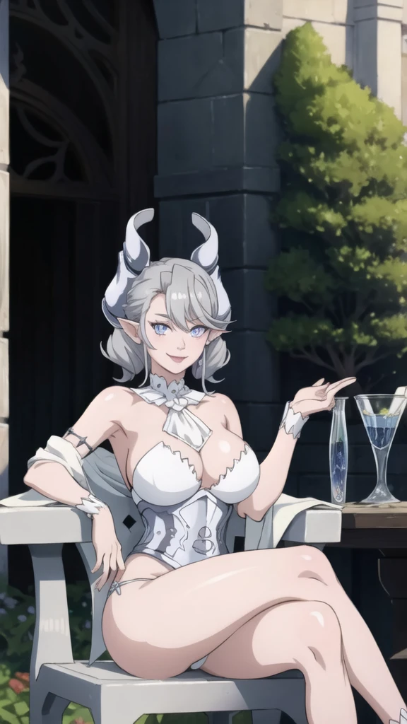 garden sun light High level image quality best image quality 8K adult woman silver castle outside roses pire white skin whole body view portrait bikini horn ears short hair((shortcut)(gray hair)(perm)(fluffy)) eye color is blue , , attractive evil face , smile , sexy pose , labrynth , barearm , wearing pink , sitting on chair , crossed legs , view foot arc