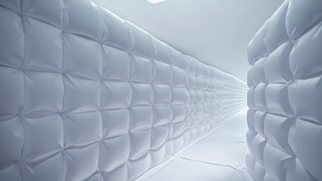 A wall composed of inflatable blocks，Realistic of a inflatable installation in the shape, white inflatable plastic film material, wrapped in a white polyester sheet. close-up，Front view，minimalist, most best quality,32K Ultra HD, super detail, best quality, highres, high details，Top view