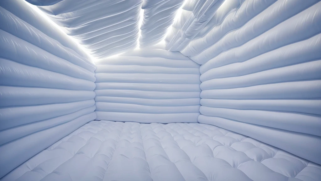 A wall composed of inflatable blocks,Realistic of a inflatable installation in the shape, white inflatable plastic film material, wrapped in a white polyester sheet. close-up,Front view,minimalist, most best quality,32K Ultra HD, super detail, best quality, highres, high details,Top view