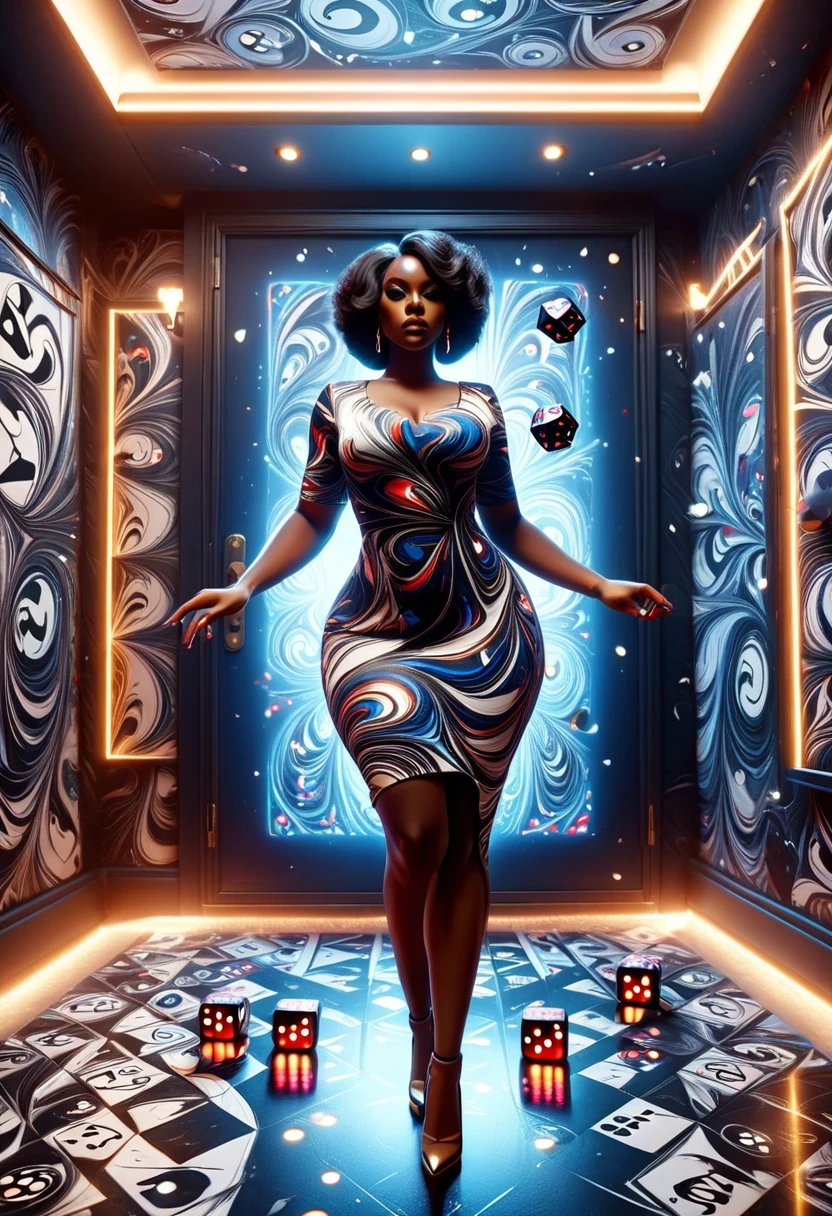 fish eye lens view shot of a curvy Black woman in a beautiful dress, standing model pose in a dice designed room, throwing dice at the viewer, with rolling dice designs on the walls, floor and ceilings, 32k ultra HD, unreal engine rendered, hyper-realistic image,