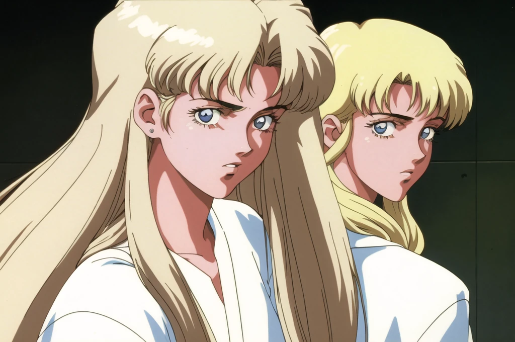 solo, 1girl, closeup, white shirt, very long hair, blonde hair, 1990s \(style\),    tr90style,  