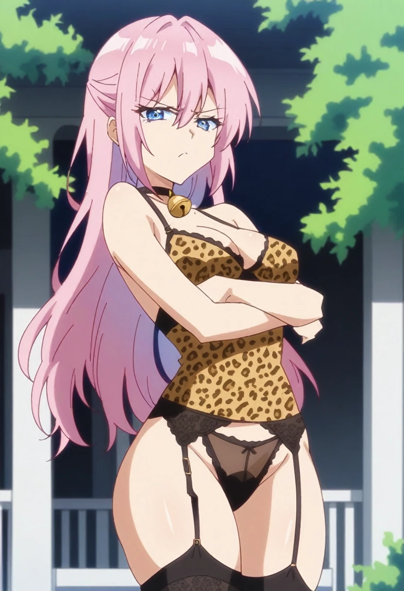 anime art style, 2d, masterpiece, best quality, very aesthetic, absurdres, dynamic shadows, atmosferic, shikimorisan, (1girl), pink hair, long hair, blue eyes, narrowed eyes, detailed eyes, hair between eyes, bangs, medium breasts, makeup, curvy body, sexy, lingerie, garter straps, choker, leopard_print, bell, angry, ((cowboy shot)), (arms on back), ((pose)), (from front), (balcony), (forest), (old house), (looking at viewer:1.0)