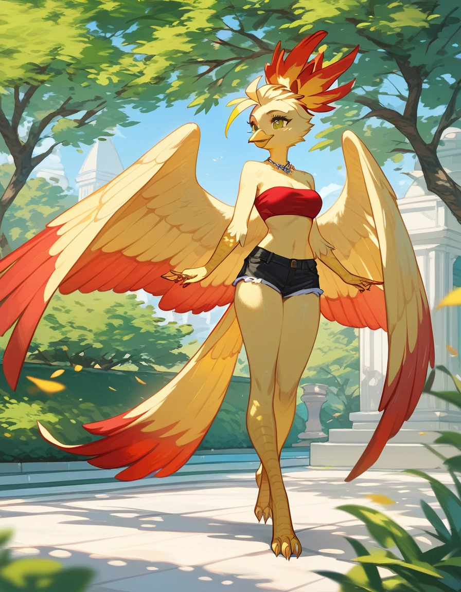 score_9, score_8_up, score_7_up, an Anthro phoenix girl, avian female, red and yellow body, spikey yellow hair, wearing elegant Haori, red bandeau, black short shorts, barefoot, standing, closed wings, yellow eyes, outdoors, at a park, seductive