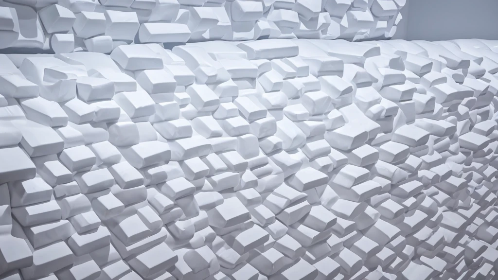 A wall composed of inflatable blocks,Realistic of a inflatable installation in the shape, white inflatable plastic film material, wrapped in a white polyester sheet. close-up,Front view,minimalist, most best quality,32K Ultra HD, super detail, best quality, highres, high details,Top view