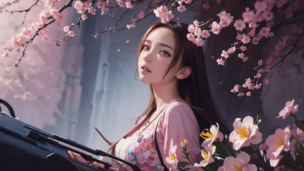 32k, Masterpiece, Highest quality, One girl, Brown Hair, Detailed eyes, flower,Freesia, Pink and navy style,A dreamy, romantic piece,Pale yellow, Mysterious Leaves,A playful arrangement,Fantasy,High Contrast,Ink strokes,explosion,Exposure, Impression of pink and navy tones,Abstract,((Watercolours by John Berkey and Jeremy Mann )) Brush strokes,Negative Space, Tyndall effect,