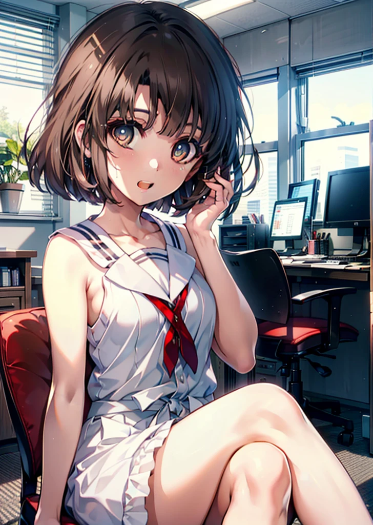 Katoumegumi, Megumi Katou, Brown Hair, short hair, (Brown eyes:1.5),happy smile, smile, Open your mouth, Red Tank Top Shirt,White long skirt,Black pantyhose,Stiletto heels,Open your mouth,sitting cross-legged on a chair,There is a computer and food on the table,interior,whole bodyがイラストに入るように,
break looking at viewer,whole body,
break indoors, office,
break (masterpiece:1.2), Highest quality, High resolution, unity 8k wallpaper, (shape:0.8), (Beautiful and beautiful eyes:1.6), Highly detailed face, Perfect lighting, Extremely detailed CG, (Perfect hands, Perfect Anatomy),