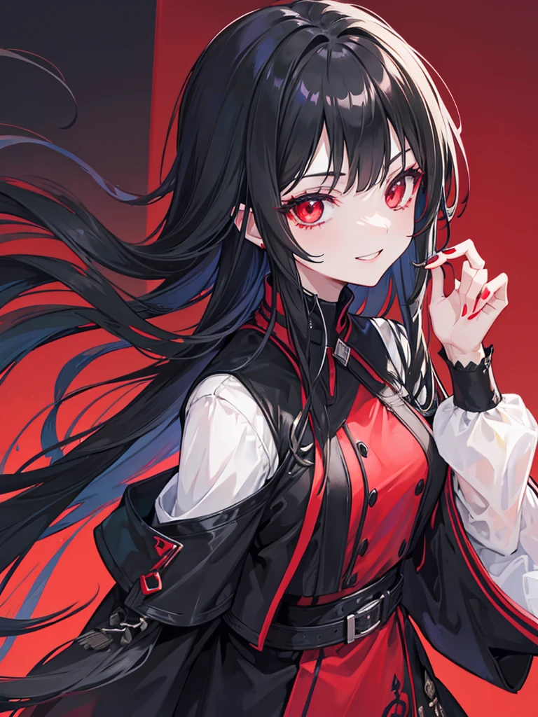 woman, red eyes, long curry wauy black hair ombre green. wear black uniform winter, arrogant, independent woman. background in town. she is vampire. sadistic smile. IDOL.