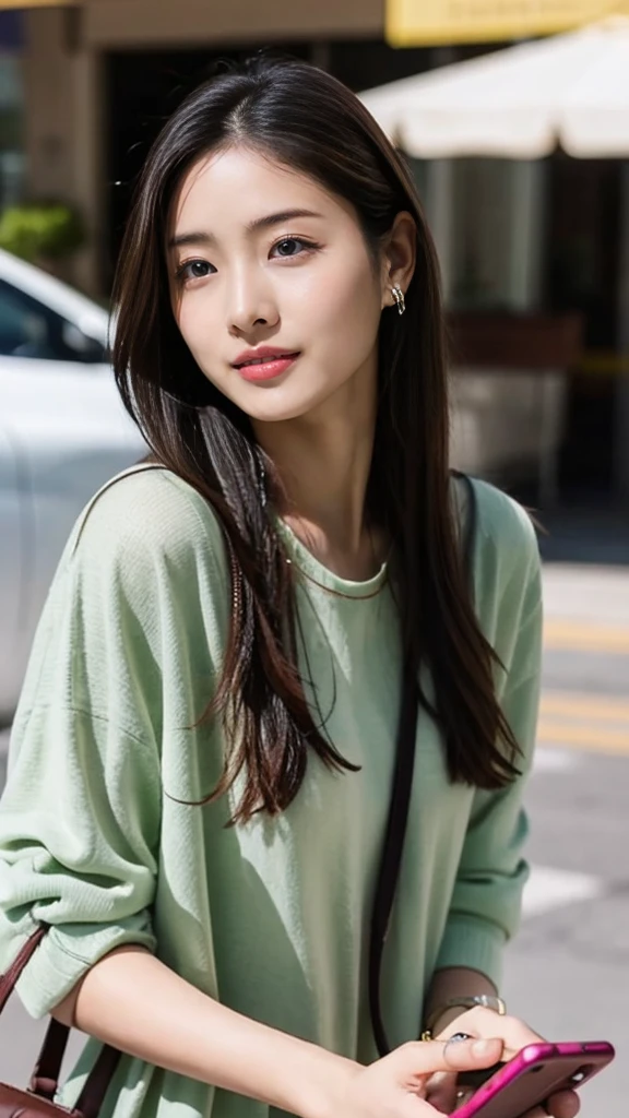 ((Beautiful girl holding a mobile phone in her hand)) 4K  8K:: Realistic::4. cyberpunk::1 --v 4 --Quality 2、Various Hair Styles、Berry Short、Somewhat petite woman、Baby Face