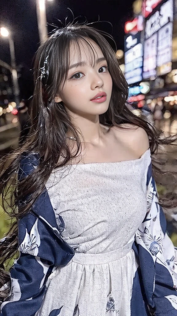 Wearing a white dress,The background is a rainy city
