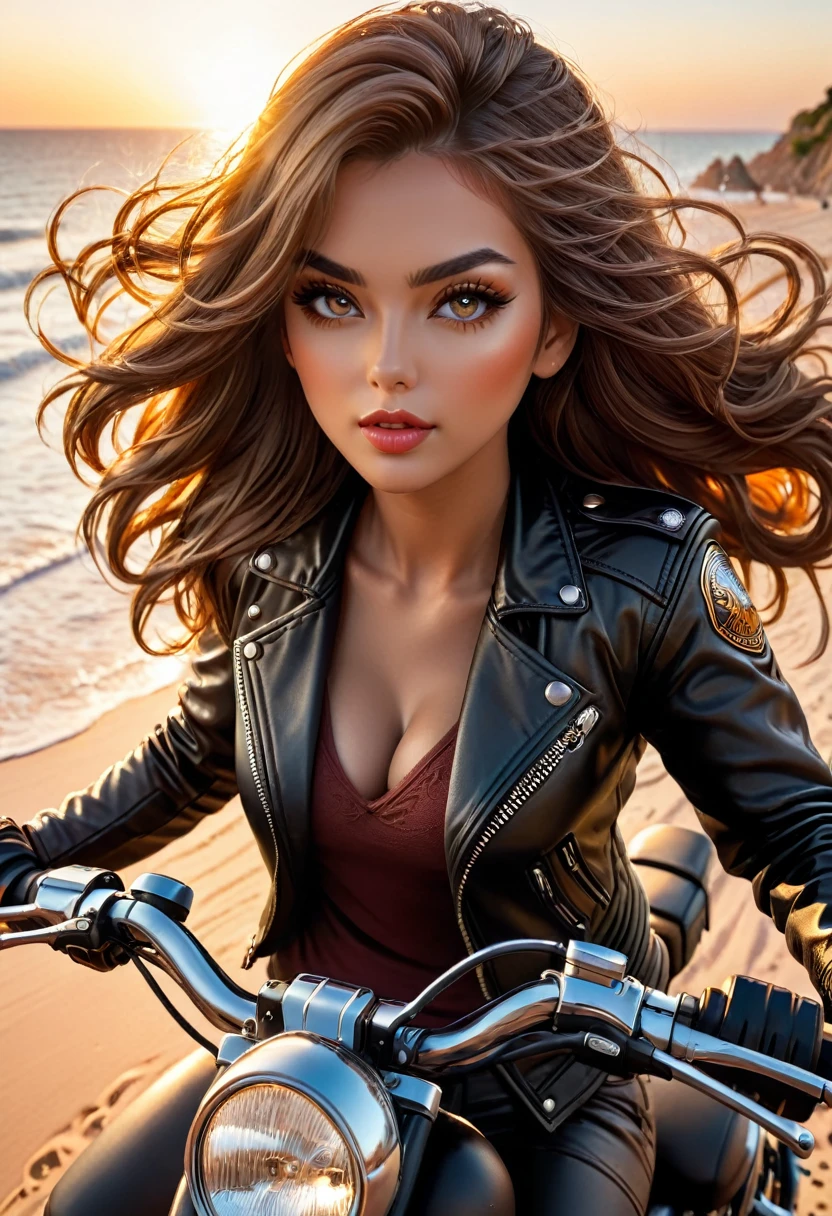 a beach, a motorcycle, a woman riding a motorcycle on the beach, golden hour, dramatic lighting, cinematic, vibrant colors, detailed skin, high quality, 8k, photorealistic, professional photography, concept art, highly detailed, hyper-realistic, beautiful detailed eyes, beautiful detailed lips, extremely detailed face, long eyelashes, dynamic pose, flowing hair, leather jacket, warm color tones, sun flare, shallow depth of field, cinematic composition