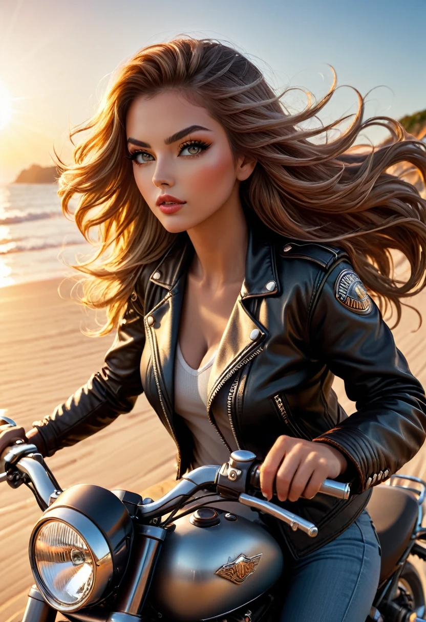 a beach, a motorcycle, a woman riding a motorcycle on the beach, golden hour, dramatic lighting, cinematic, vibrant colors, detailed skin, high quality, 8k, photorealistic, professional photography, concept art, highly detailed, hyper-realistic, beautiful detailed eyes, beautiful detailed lips, extremely detailed face, long eyelashes, dynamic pose, flowing hair, leather jacket, warm color tones, sun flare, shallow depth of field, cinematic composition