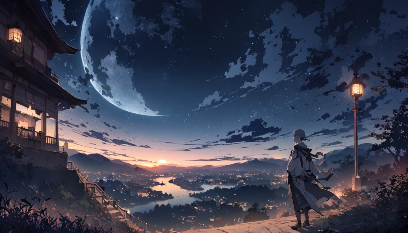 1 male, night, night景, landscape, moon