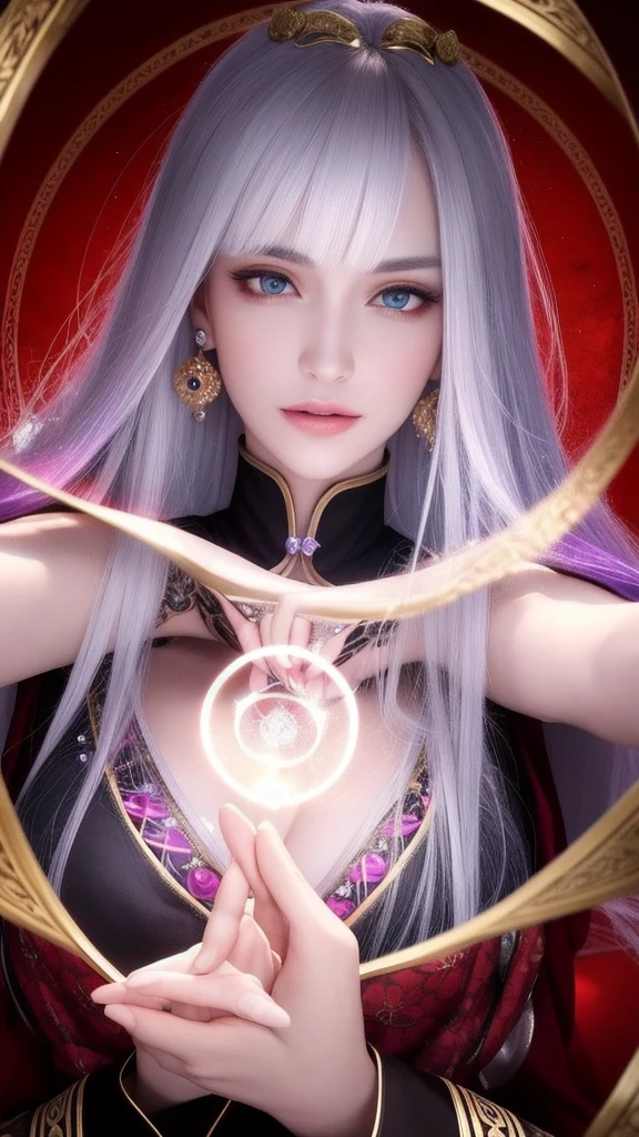(masterpiece, top quality, 1 female, solo, exquisite details, chromatic aberration), (realistic), (skin), ((breathing)), (silver hair, blunt bangs, short straight long hair, short bangs, silver hair), beautiful hair, red headdress, blue highlights, hair over one eye, pretty eyes, purple eyes, thick lips, earrings, piercing eyes, ((gold and white kimono)), ((symmetrical eyes)), ((perfectly symmetrical body)), ((perfectly symmetrical hands)), (purerosface_v1:0.3), night, ((self, natural light))), bright lighting, flowers blooming in the background, in front of the viewer, ((central shot, from the front, (face and shoulders))), mysterious atmosphere, flowers blooming around, light colored background, fortune teller in kimono, beautiful fortune teller, fortune teller, fantasy female fortune teller, female fortune teller, f Fantasy photography, magician, witch fairy tale, Japanese style, elegant cinematic fantasy art, fantasy woman, sorceress portrait, casting spells, fortune teller, powerful wizard stands among mystical colorful flowers, fluttering robes adorned with symbols, holding a glowing heart crystal ball, eyes glowing with mystical energy, spells leaking from his mouth, vivid swirling patterns of black magic pulsating with iridescent hues appear in the air, magic permeates, flowers bloom, sacred creatures gaze in awe, threads of magical energy dance, revealing hidden realms, unravelling secrets, capturing the essence of this enchanting moment and bringing to life the mystical power of witchcraft on a canvas of the highest quality and finest detail. Top Quality, Masterpiece, Ultra High Resolution, (Photorealistic: 1.4), RAW Photo, Sharp Focus, High Resolution, Detailed Skin.