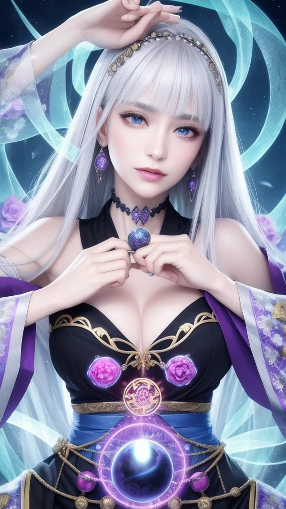 (masterpiece, top quality, 1 female, solo, exquisite details, chromatic aberration), (realistic), (skin), ((breathing)), (silver hair, blunt bangs, short straight long hair, short bangs, silver hair), beautiful hair, red headdress, blue highlights, hair over one eye, pretty eyes, purple eyes, thick lips, earrings, piercing eyes, ((gold and white kimono)), ((symmetrical eyes)), ((perfectly symmetrical body)), ((perfectly symmetrical hands)), (purerosface_v1:0.3), night, ((self, natural light))), bright lighting, flowers blooming in the background, in front of the viewer, ((central shot, from the front, (face and shoulders))), mysterious atmosphere, flowers blooming around, light colored background, fortune teller in kimono, beautiful fortune teller, fortune teller, fantasy female fortune teller, female fortune teller, f Fantasy photography, magician, witch fairy tale, Japanese style, elegant cinematic fantasy art, fantasy woman, sorceress portrait, casting spells, fortune teller, powerful wizard stands among mystical colorful flowers, fluttering robes adorned with symbols, holding a glowing heart crystal ball, eyes glowing with mystical energy, spells leaking from his mouth, vivid swirling patterns of black magic pulsating with iridescent hues appear in the air, magic permeates, flowers bloom, sacred creatures gaze in awe, threads of magical energy dance, revealing hidden realms, unravelling secrets, capturing the essence of this enchanting moment and bringing to life the mystical power of witchcraft on a canvas of the highest quality and finest detail. Top Quality, Masterpiece, Ultra High Resolution, (Photorealistic: 1.4), RAW Photo, Sharp Focus, High Resolution, Detailed Skin.