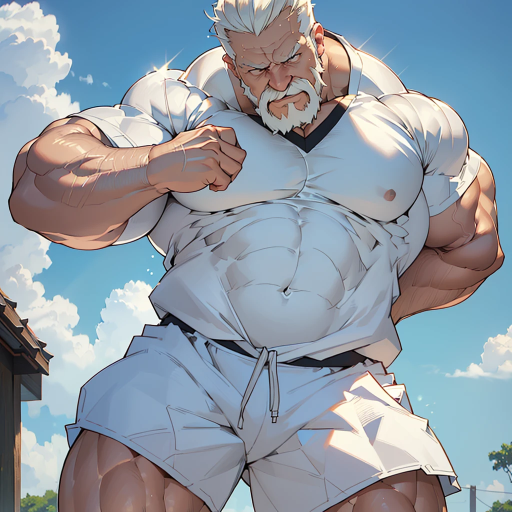 (best quality,4k,8k,highres,masterpiece:1.2),ultra-detailed,(realistic,photorealistic,photo-realistic:1.37), Backshot of a muscular old man, wearing tight white shirt, gym shorts, big bubble butt, flexing,white beard,strong arms, sweaty, determination, serene lighting, glaring at the camera, intimidating expression