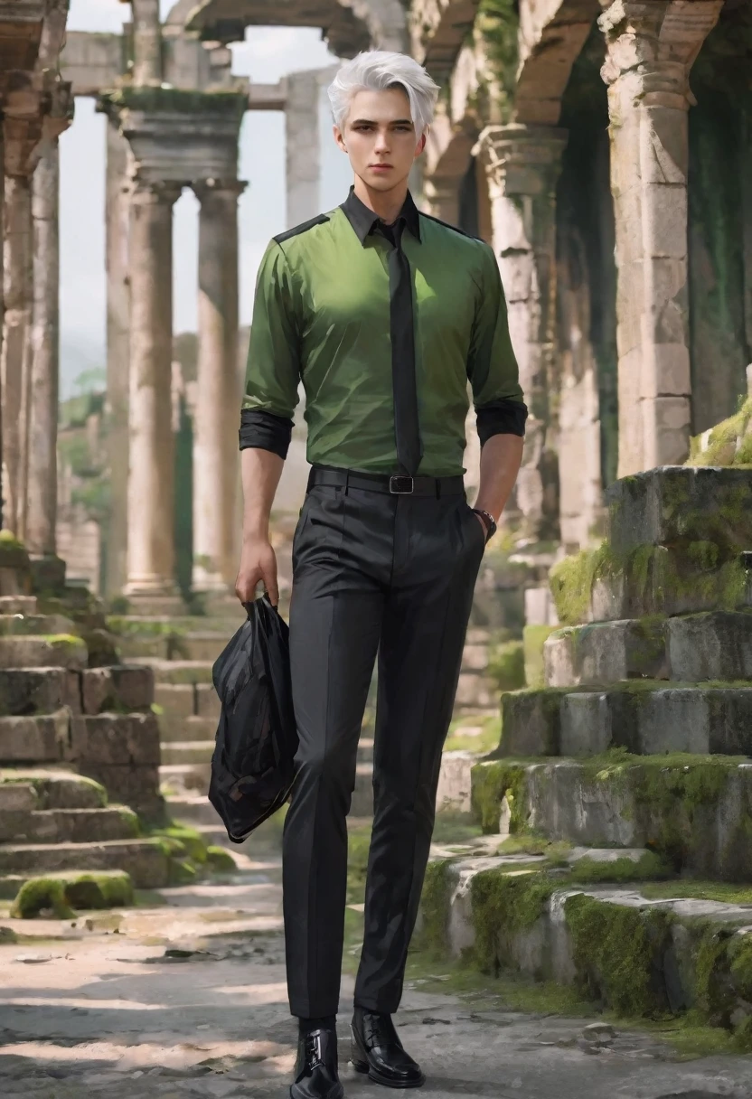 A man with a toned body, ((motorcycle)), Solitary, White hair, Moss green tone hair, short hair, ((Black and gray social shirt, Black and gray trousers)), Black social shoes, Serious look, Light green eyes, Ancient ruins, Black Tie.