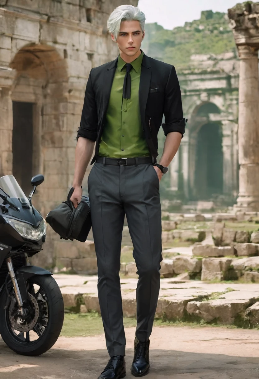 A man with a toned body, ((motorcycle)), Solitary, White hair, Moss green tone hair, short hair, ((Black and gray social shirt, Black and gray trousers)), Black social shoes, Serious look, Light green eyes, Ancient ruins, Black Tie.