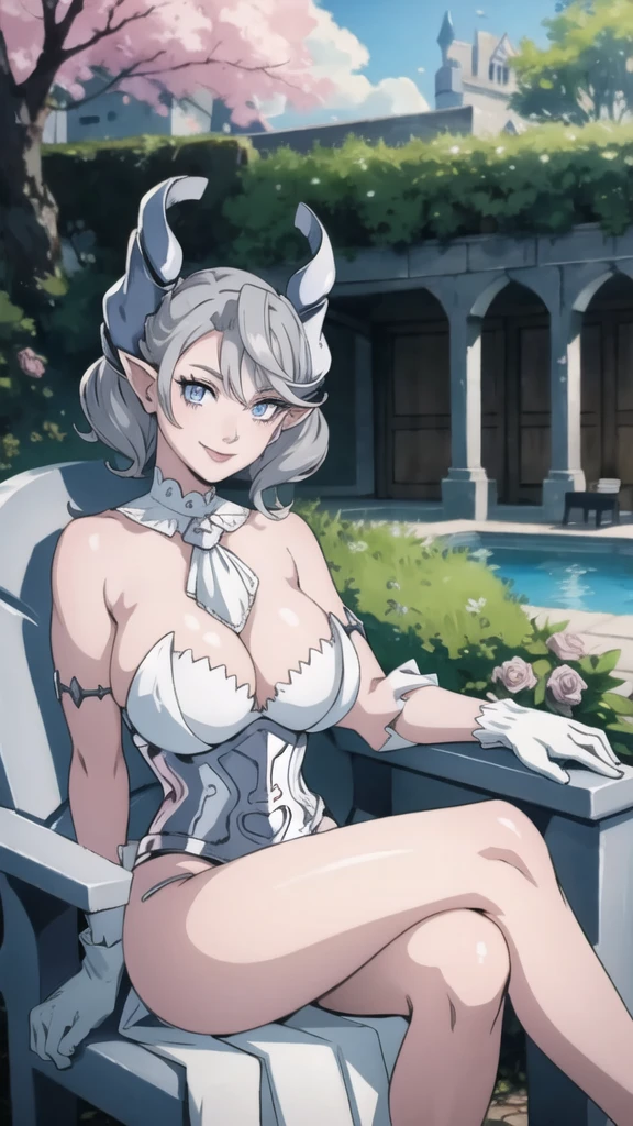 garden sun light High level image quality best image quality 8K adult woman silver castle outside roses pire white skin whole body view portrait bikini horn ears short hair((shortcut)(gray hair)(perm)(fluffy)) eye color is blue , gloves , attractive evil face , smile , sexy pose , labrynth , barearm , wearing pink , sitting on chair , crossed legs , view foot arc